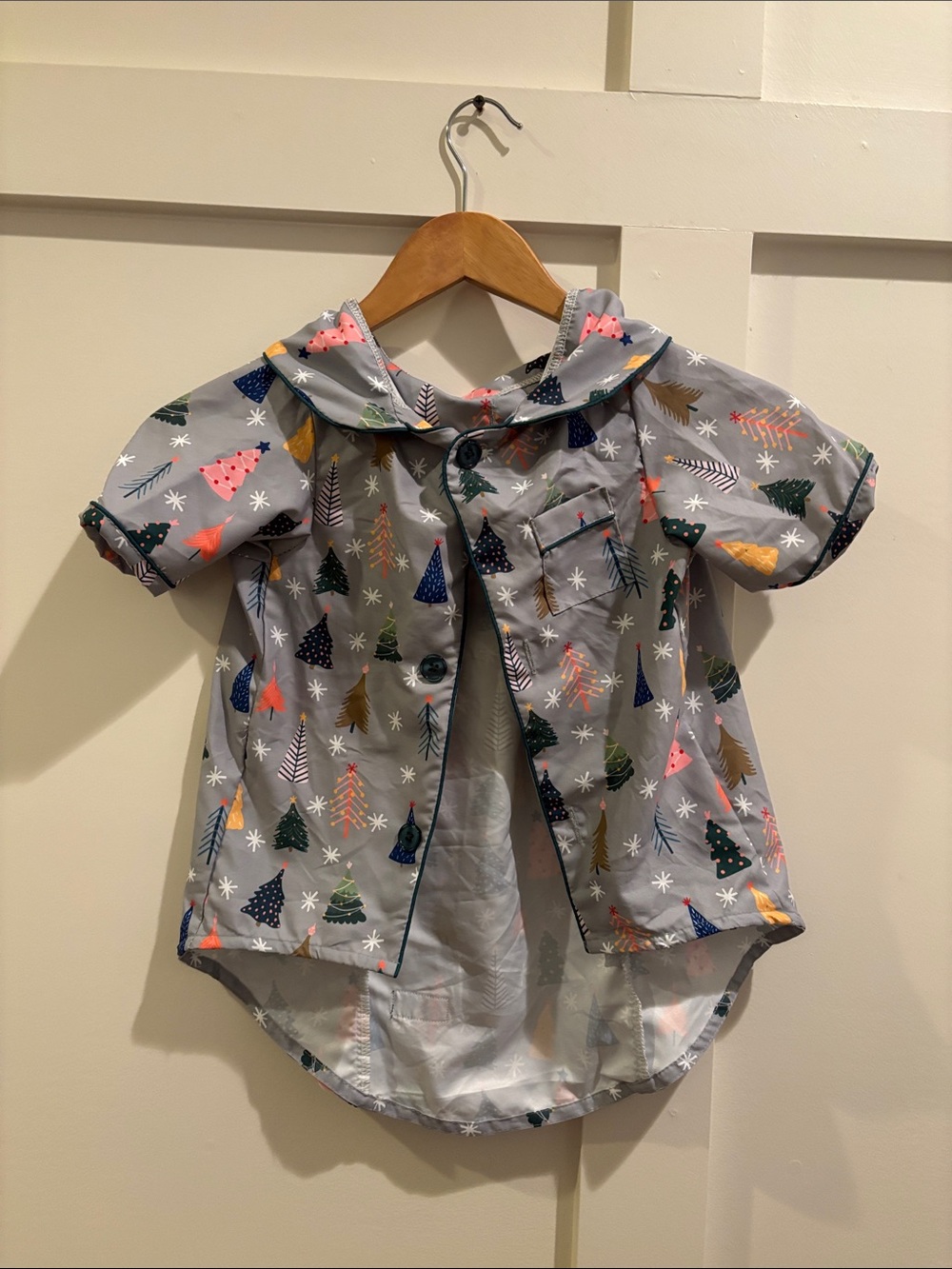 Gray Holiday Tree Print Dog Shirt with Sailor Collar